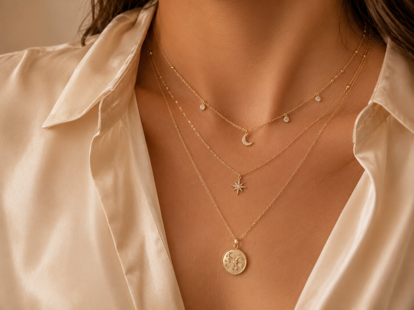 Layered necklaces on model