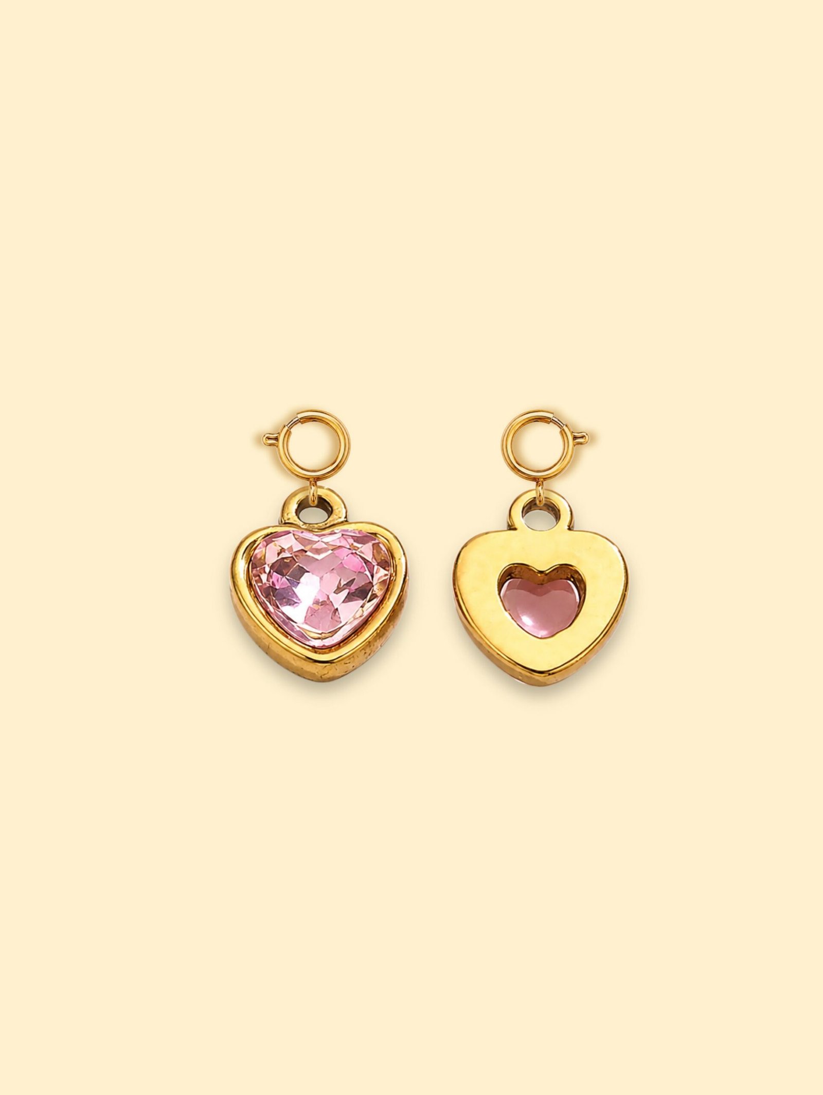 68AE42FE-DDFC-4C52-B627-D42A225998BF-2 Pink Heart Crystal Charm 18K Gold Plated Stainless Steel - Image 1