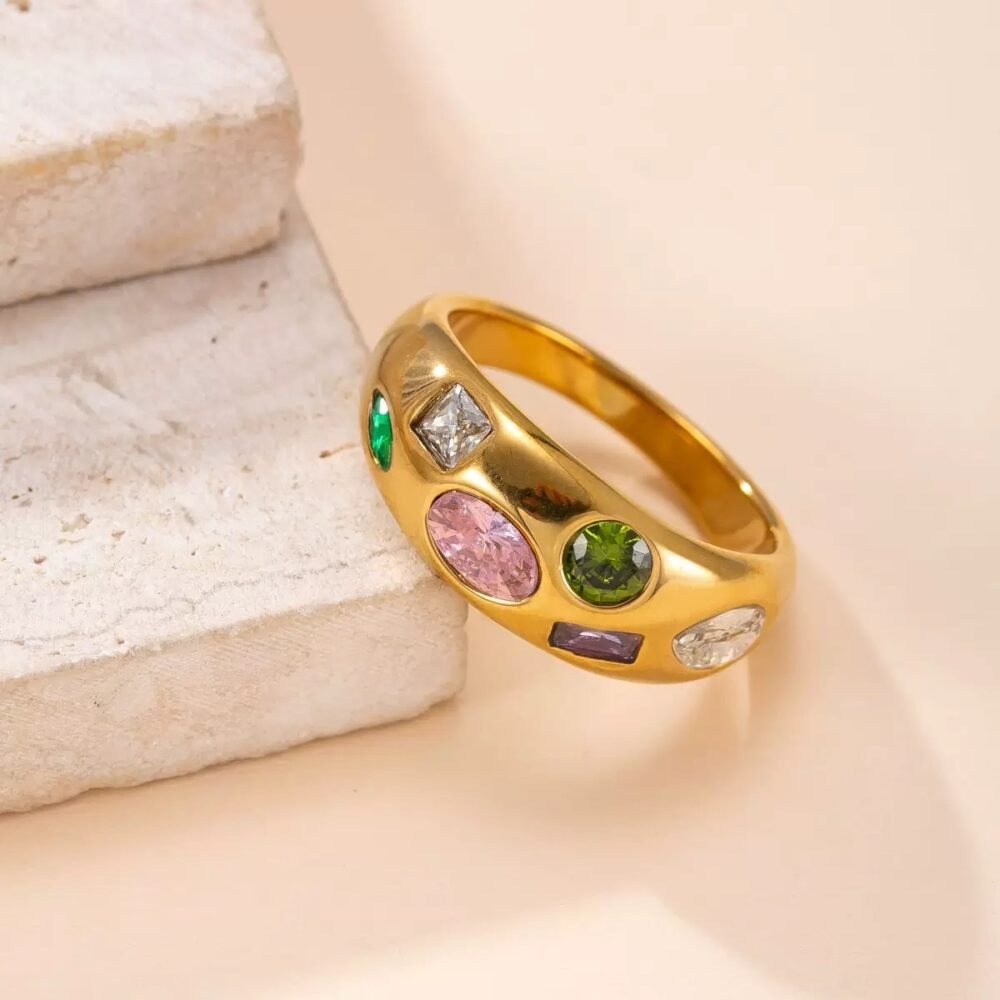 18K Gold Plated Multicolor Crystal Band Ring - Image 3