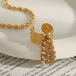 18K Gold Plated Crystal Tassel Statement Ring - Image 2