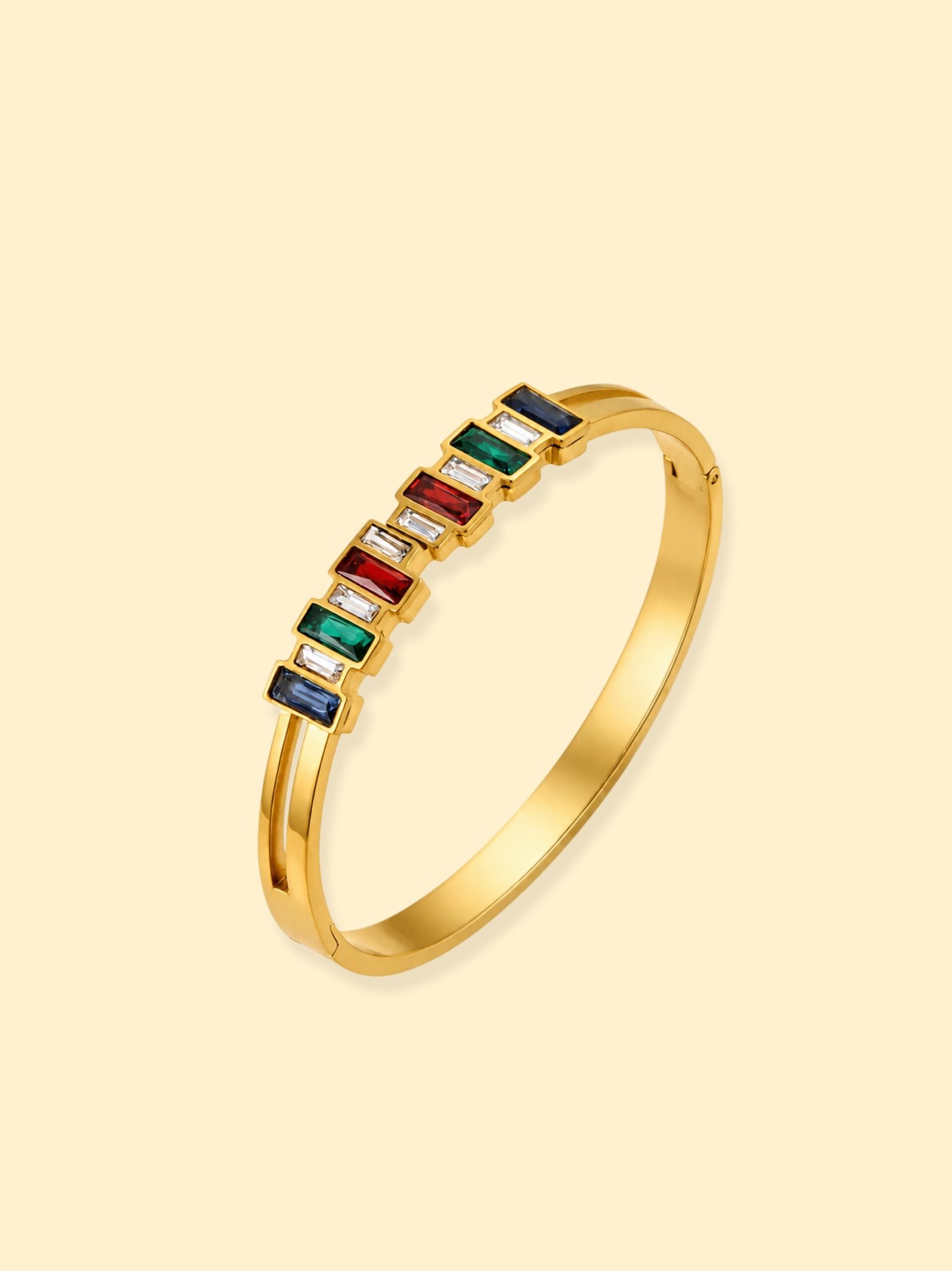 img_0432 18K Gold Plated Multicolor Baguette Crystal Bangle Bracelet - Image 1
