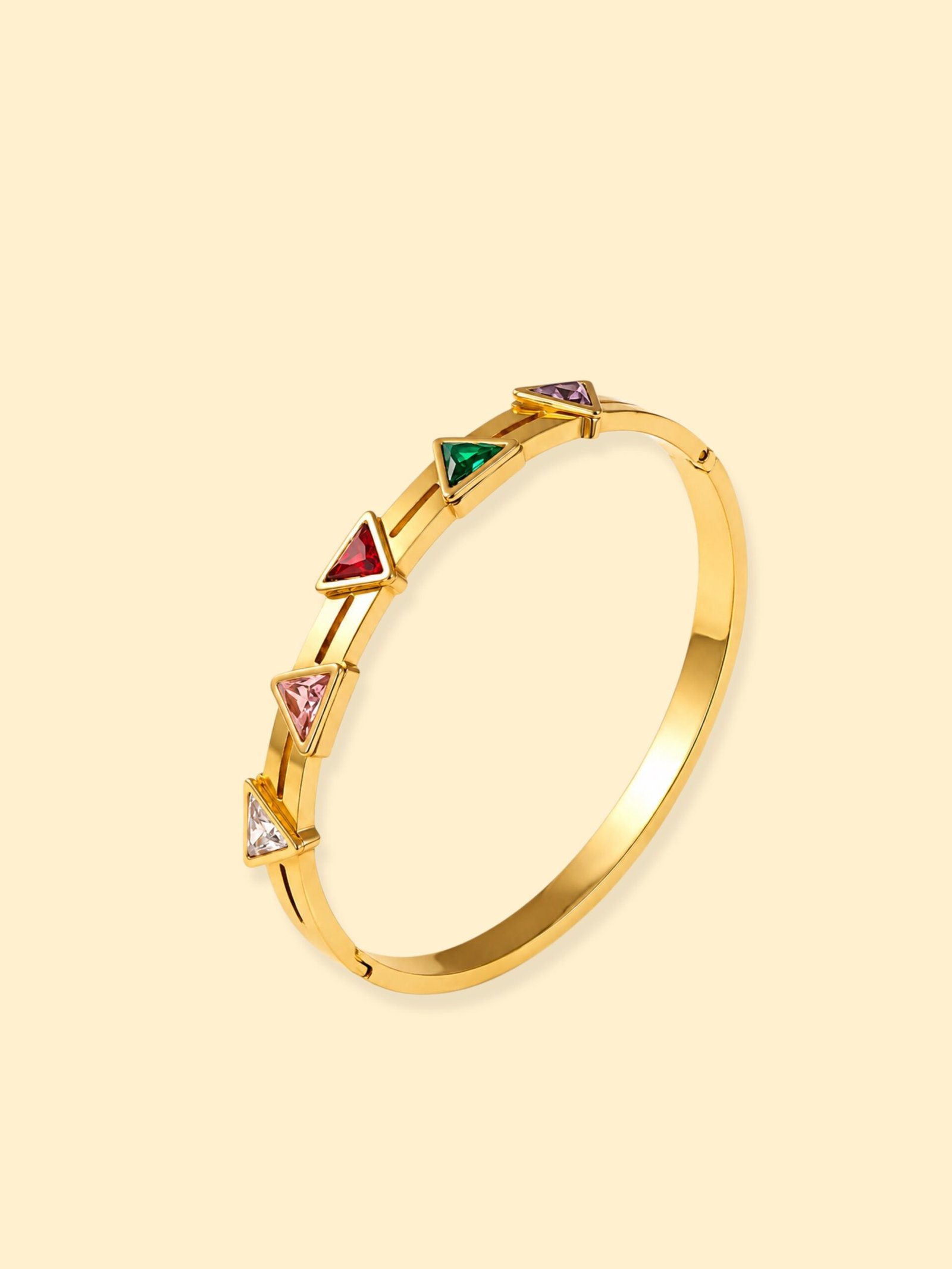 img_0434 18K Gold Plated Multicolor Triangle Crystal Bangle Bracelet - Image 1